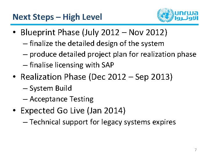 Next Steps – High Level • Blueprint Phase (July 2012 – Nov 2012) –