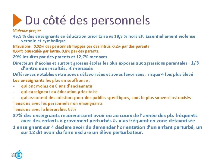 Du côté des personnels Violence perçue 46, 5 % des enseignants en éducation prioritaire Du côté des personnels Violence perçue 46, 5 % des enseignants en éducation prioritaire