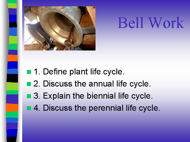 Bell Work n 1. Define plant life cycle. n 2. Discuss the annual life