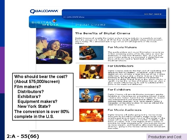 Who should bear the cost? (About $75, 000/screen) Film makers? Distributors? Exhibitors? Equipment makers?
