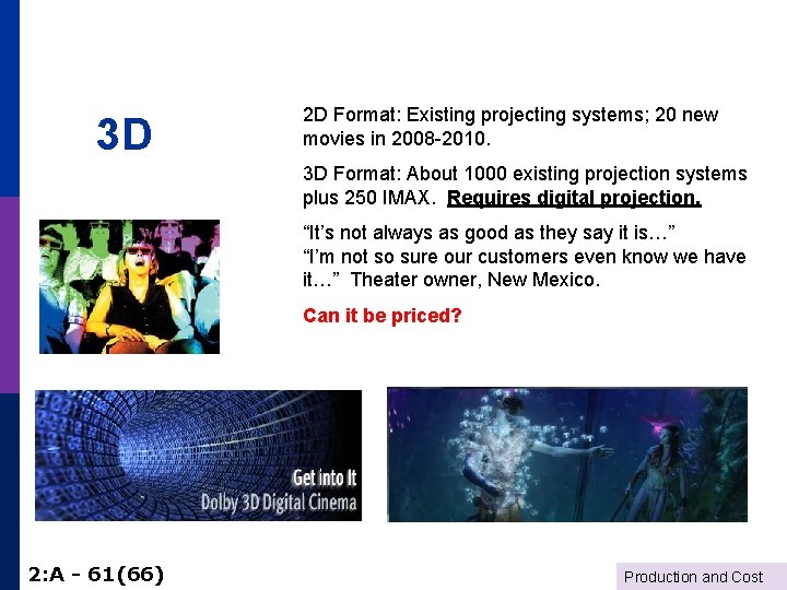 3 D 2 D Format: Existing projecting systems; 20 new movies in 2008 -2010.