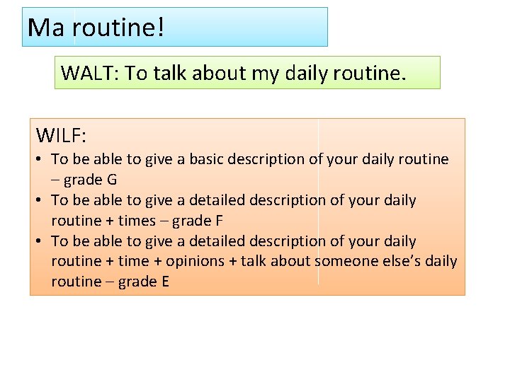 Ma routine! WALT: To talk about my daily routine. WILF: • To be able