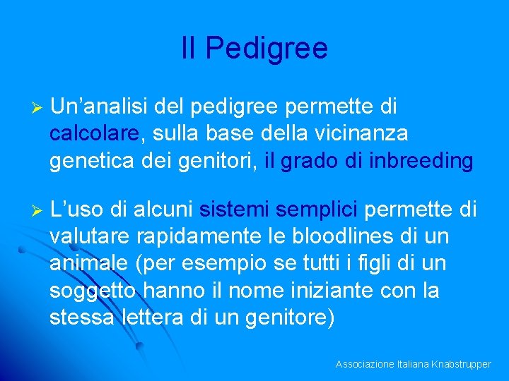 Il Pedigree Ø Un’analisi del pedigree permette di calcolare, sulla base della vicinanza genetica