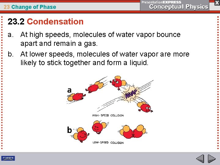 23 Change of Phase 23. 2 Condensation a. At high speeds, molecules of water