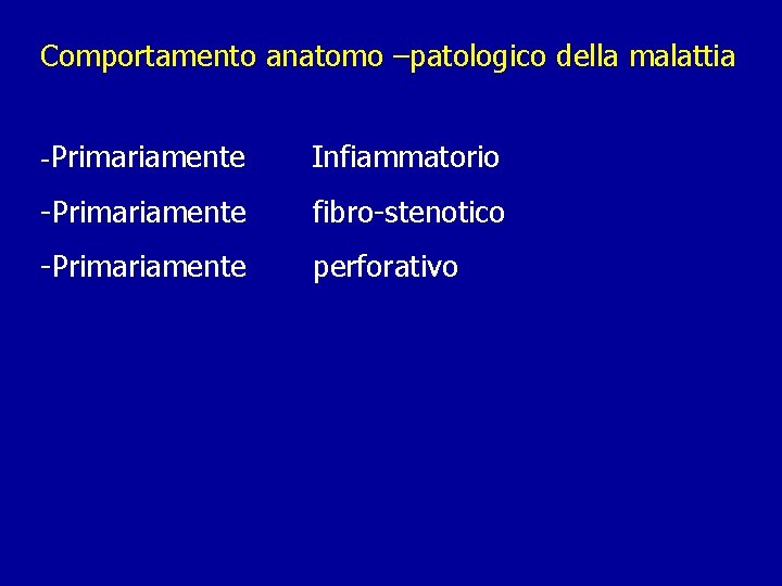 Comportamento anatomo –patologico della malattia -Primariamente Infiammatorio -Primariamente fibro-stenotico -Primariamente perforativo 