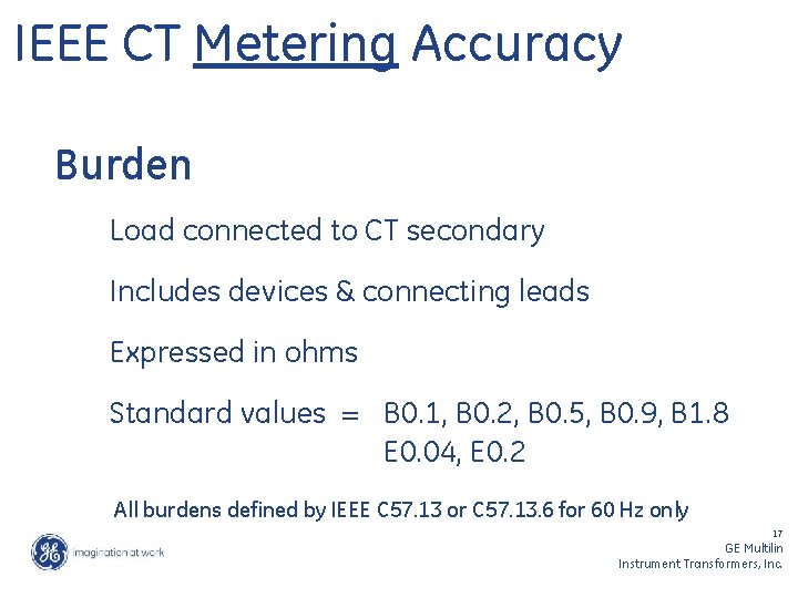 IEEE CT Metering Accuracy Burden Load connected to CT secondary Includes devices & connecting