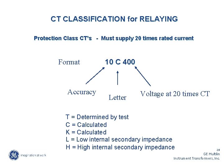 CT CLASSIFICATION for RELAYING Protection Class CT’s - Must supply 20 times rated current