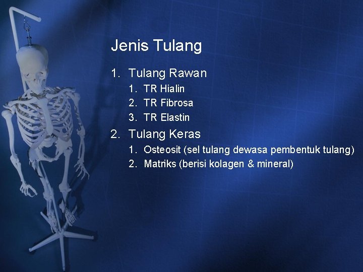 Jenis Tulang 1. Tulang Rawan 1. TR Hialin 2. TR Fibrosa 3. TR Elastin Jenis Tulang 1. Tulang Rawan 1. TR Hialin 2. TR Fibrosa 3. TR Elastin