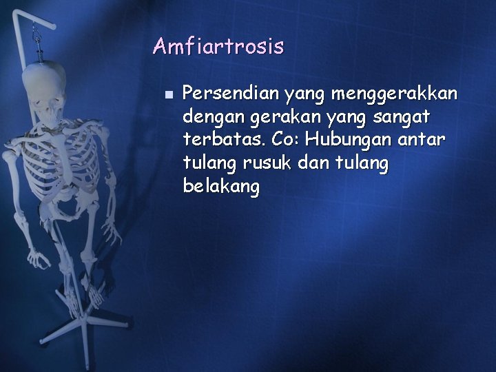 Amfiartrosis n Persendian yang menggerakkan dengan gerakan yang sangat terbatas. Co: Hubungan antar tulang Amfiartrosis n Persendian yang menggerakkan dengan gerakan yang sangat terbatas. Co: Hubungan antar tulang