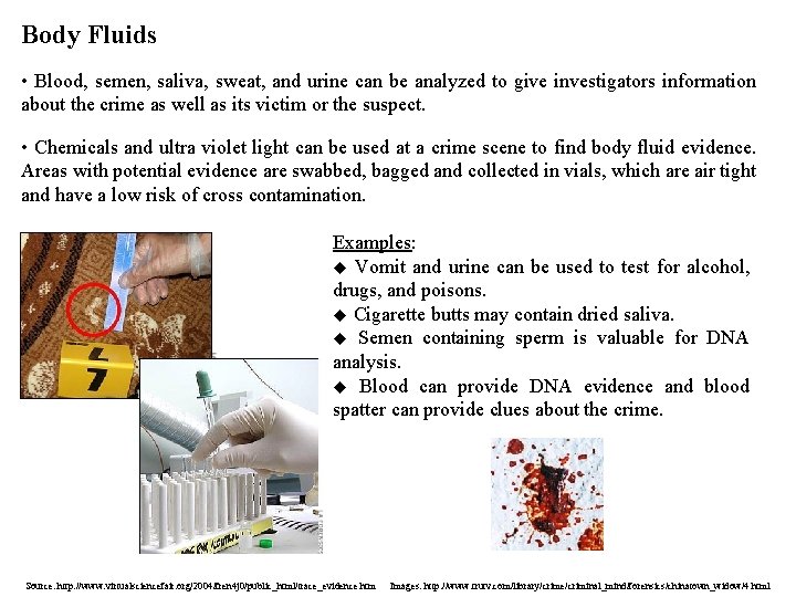 Body Fluids • Blood, semen, saliva, sweat, and urine can be analyzed to give Body Fluids • Blood, semen, saliva, sweat, and urine can be analyzed to give