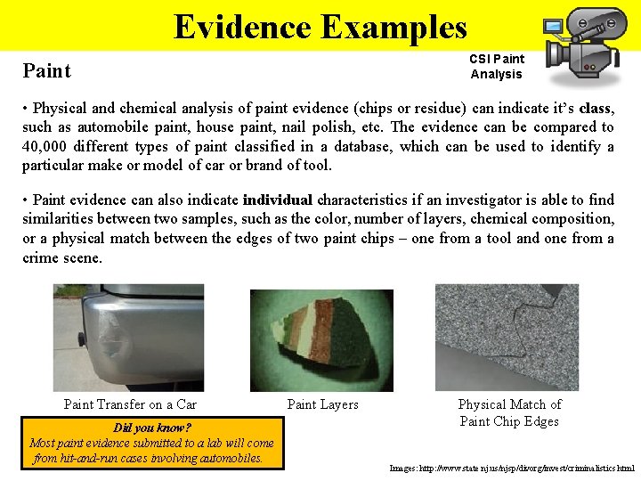 Evidence Examples CSI Paint Analysis Paint • Physical and chemical analysis of paint evidence Evidence Examples CSI Paint Analysis Paint • Physical and chemical analysis of paint evidence