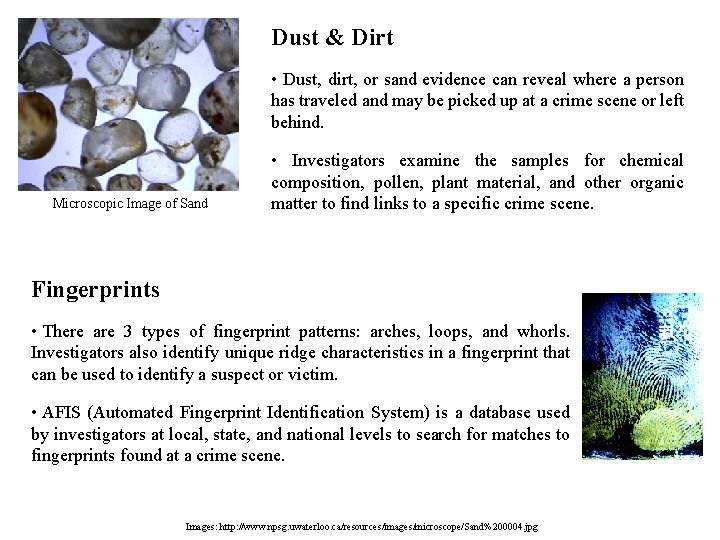 Dust & Dirt • Dust, dirt, or sand evidence can reveal where a person Dust & Dirt • Dust, dirt, or sand evidence can reveal where a person
