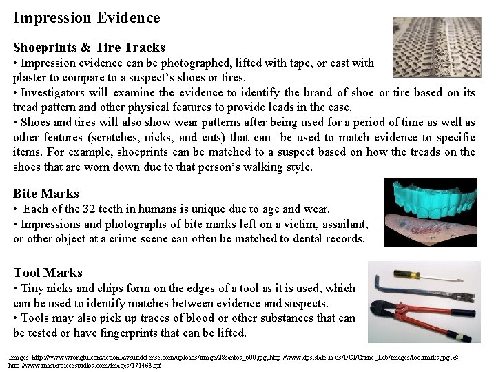 Impression Evidence Shoeprints & Tire Tracks • Impression evidence can be photographed, lifted with Impression Evidence Shoeprints & Tire Tracks • Impression evidence can be photographed, lifted with