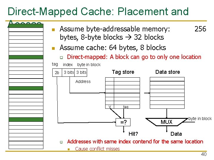 Direct-Mapped Cache: Placement and Access n Assume byte-addressable memory: n bytes, 8 -byte blocks