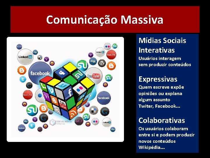 Comunicação Massiva Mídias Sociais Interativas Usuários interagem sem produzir conteúdos Expressivas Quem escreve expõe