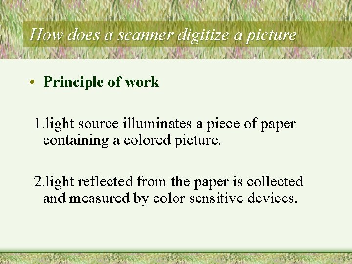 How does a scanner digitize a picture • Principle of work 1. light source How does a scanner digitize a picture • Principle of work 1. light source
