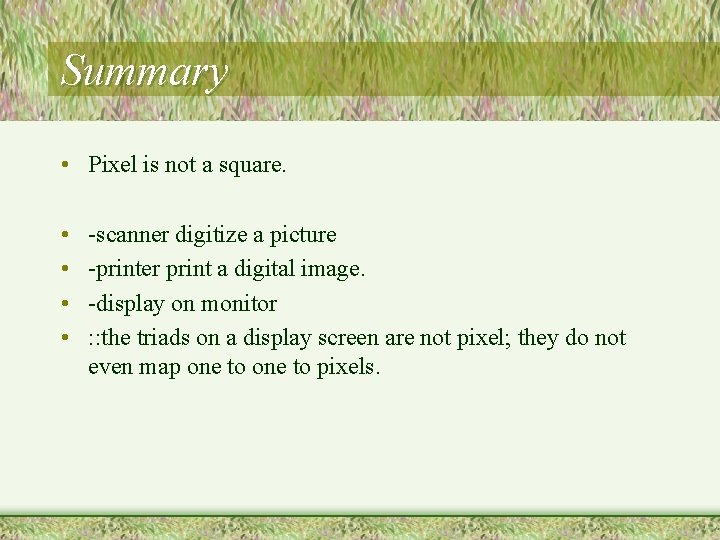 Summary • Pixel is not a square. • • -scanner digitize a picture -printer Summary • Pixel is not a square. • • -scanner digitize a picture -printer