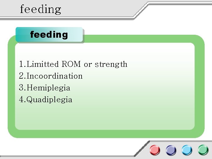 feeding 1. Limitted ROM or strength 2. Incoordination 3. Hemiplegia 4. Quadiplegia 