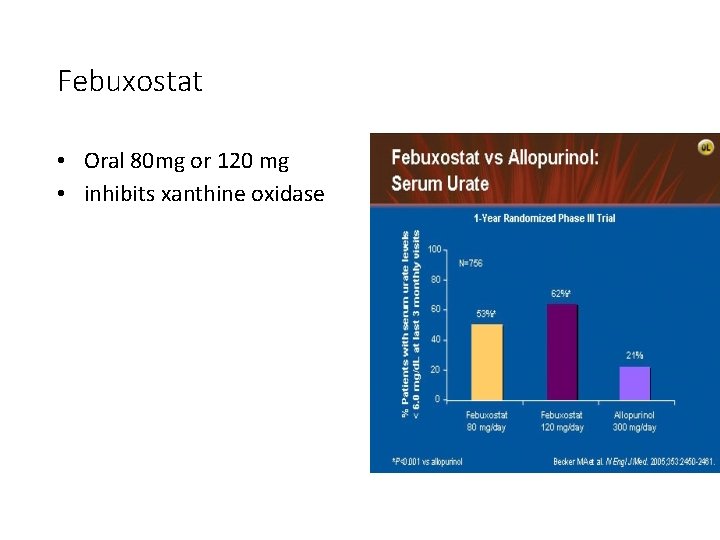 Febuxostat • Oral 80 mg or 120 mg • inhibits xanthine oxidase 