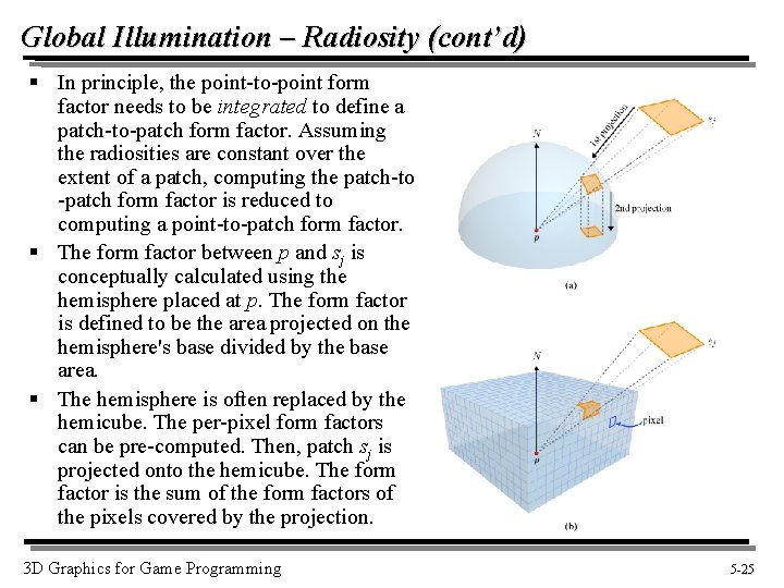 Global Illumination – Radiosity (cont’d) § In principle, the point-to-point form factor needs to