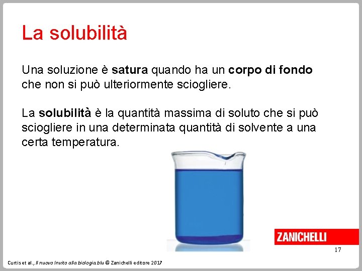 La solubilità Una soluzione è satura quando ha un corpo di fondo che non