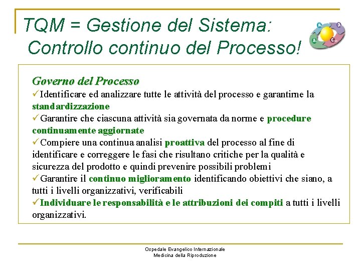 TQM = Gestione del Sistema: Controllo continuo del Processo! Governo del Processo Identificare ed TQM = Gestione del Sistema: Controllo continuo del Processo! Governo del Processo Identificare ed