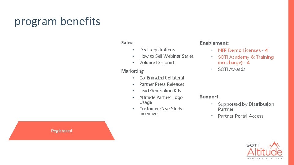 program benefits Sales: • • • Enablement: Deal registrations How to Sell Webinar Series