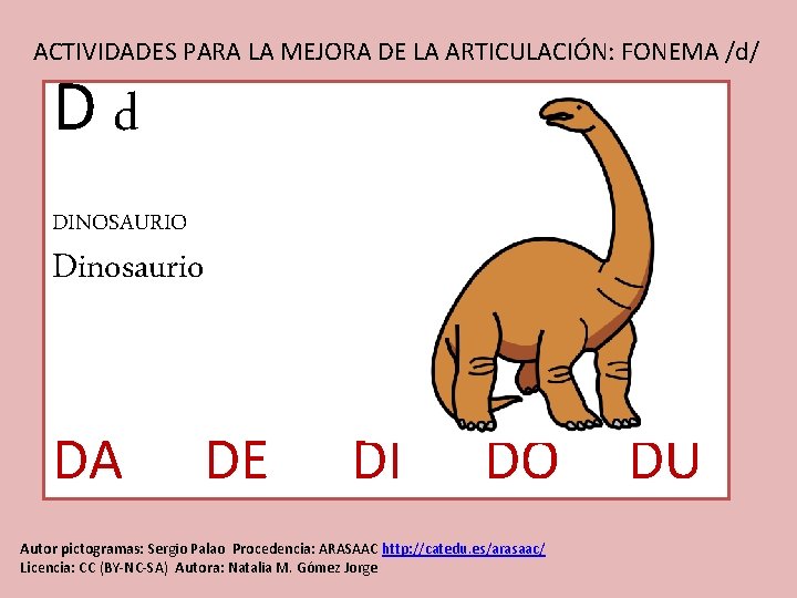 ACTIVIDADES PARA LA MEJORA DE LA ARTICULACIÓN: FONEMA /d/ D d DINOSAURIO Dinosaurio DA