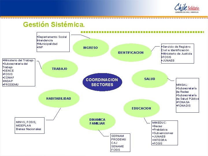 Gestión Sistémica. §Departamento Social Intendencia §Municipalidad §INP §Servicio de Registro Civil e Identificación §Ministerio