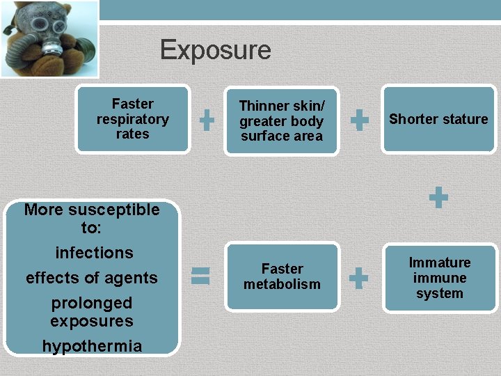 Exposure Faster respiratory rates More susceptible to: infections effects of agents prolonged exposures hypothermia