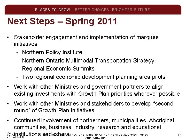Next Steps – Spring 2011 • Stakeholder engagement and implementation of marquee initiatives •