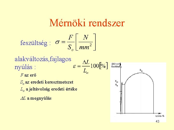 Mérnöki rendszer feszültség : alakváltozás, fajlagos nyúlás : F az erő So az eredeti