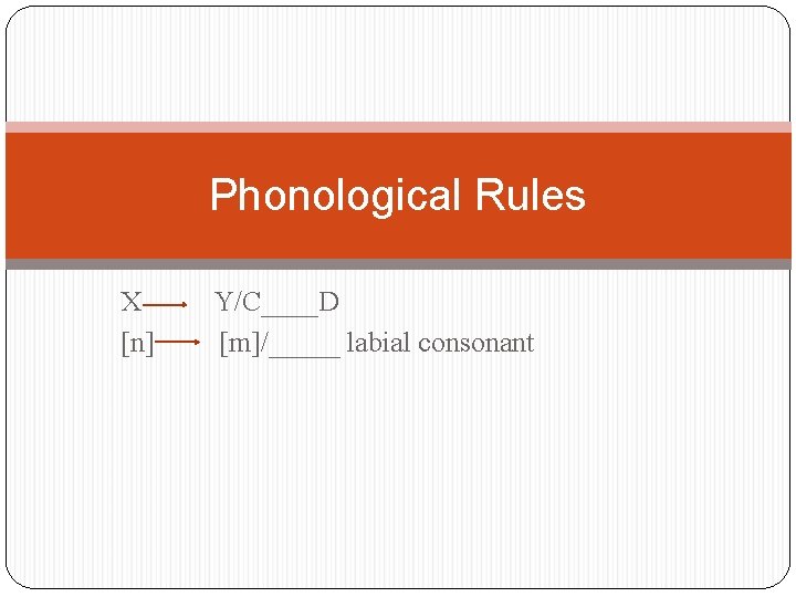 Phonological Rules X Y/C____D [n] [m]/_____ labial consonant 