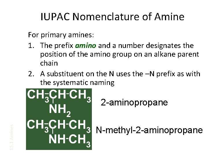 IUPAC Nomenclature of Amine For primary amines: 1. The prefix amino and a number