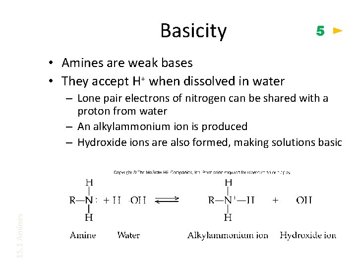 Basicity 5 • Amines are weak bases • They accept H+ when dissolved in