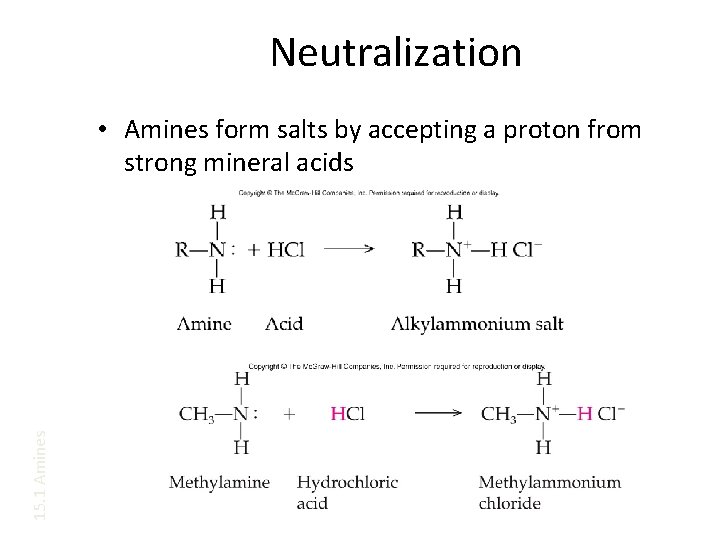 Neutralization 15. 1 Amines • Amines form salts by accepting a proton from strong