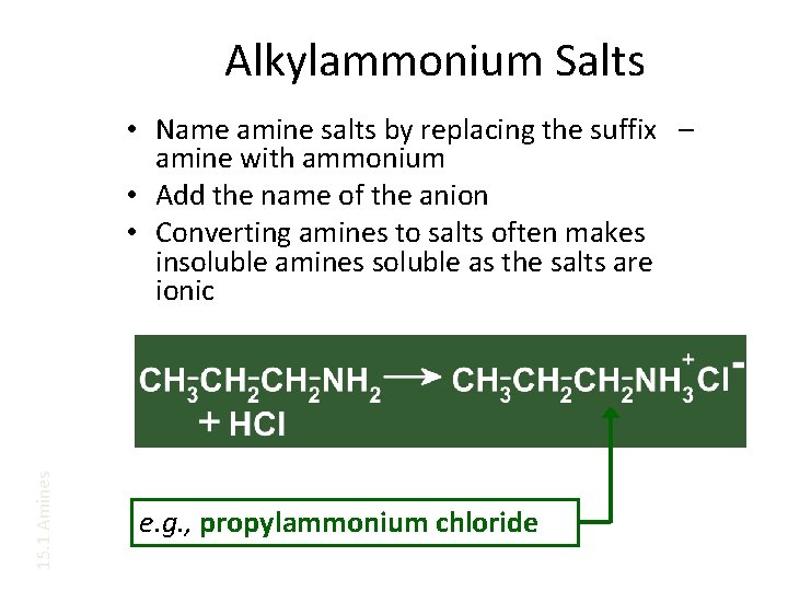 Alkylammonium Salts 15. 1 Amines • Name amine salts by replacing the suffix –