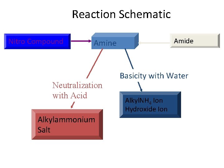 Reaction Schematic Nitro Compound Amide Amine Neutralization with Acid Alkylammonium Salt Basicity with Water