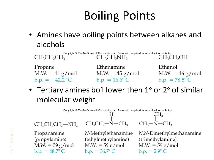 Boiling Points • Amines have boiling points between alkanes and alcohols 15. 1 Amines