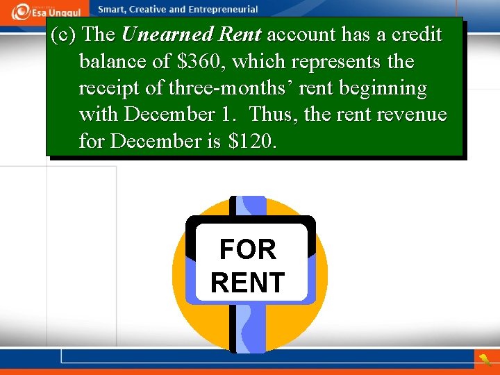 (c) The Unearned Rent account has a credit balance of $360, which represents the
