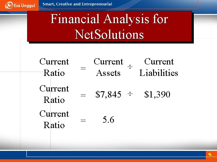 Financial Analysis for Net. Solutions Current Ratio Current = Assets ÷ Liabilities = $7,