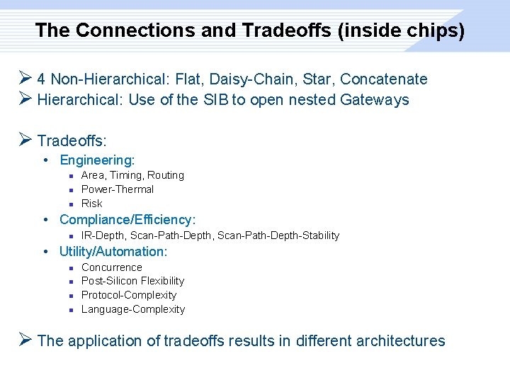 The Connections and Tradeoffs (inside chips) Ø 4 Non-Hierarchical: Flat, Daisy-Chain, Star, Concatenate Ø