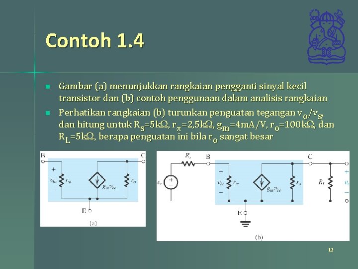 Contoh 1. 4 n n Gambar (a) menunjukkan rangkaian pengganti sinyal kecil transistor dan