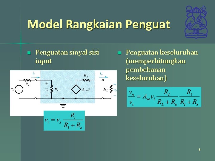 Model Rangkaian Penguatan sinyal sisi input n Penguatan keseluruhan (memperhitungkan pembebanan keseluruhan) 3 