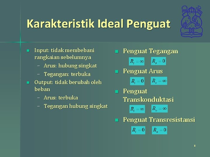 Karakteristik Ideal Penguat n n Input: tidak membebani rangkaian sebelumnya – Arus: hubung singkat