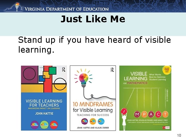 Just Like Me Stand up if you have heard of visible learning. 10 