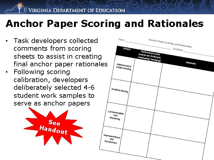 Anchor Paper Scoring and Rationales • Task developers collected comments from scoring sheets to