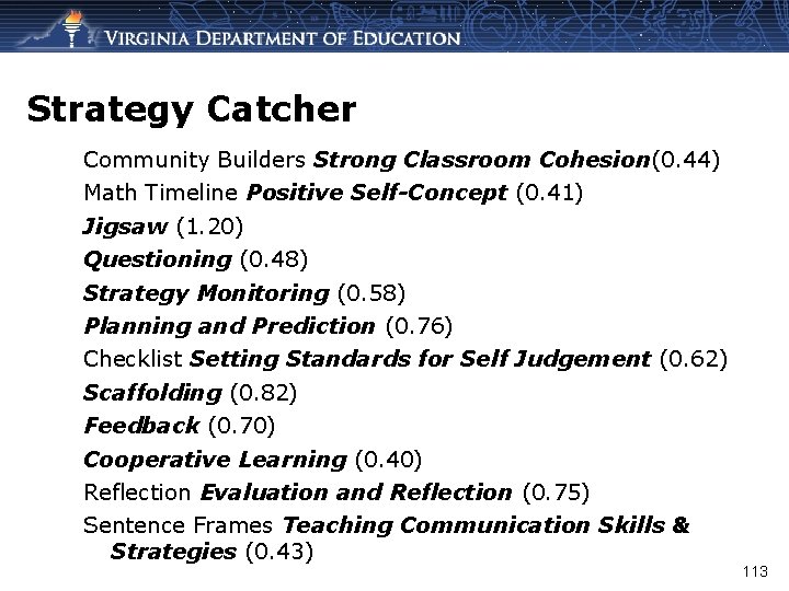Strategy Catcher Community Builders Strong Classroom Cohesion(0. 44) Math Timeline Positive Self-Concept (0. 41)