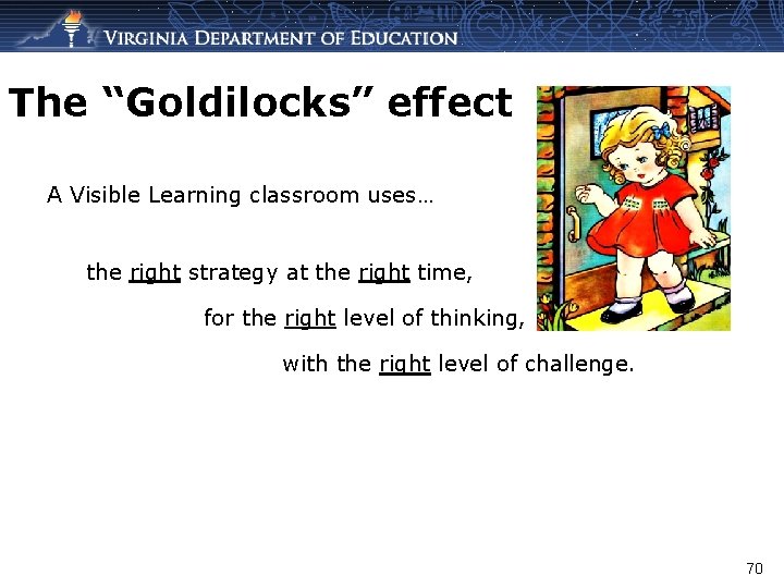 The “Goldilocks” effect A Visible Learning classroom uses… the right strategy at the right