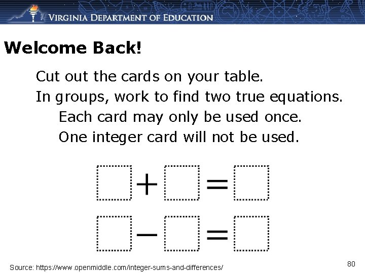 Welcome Back! Cut out the cards on your table. In groups, work to find